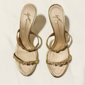 Vintage Giuseppe Zanotti Gold Crystal Strappy Kitten Heels Italian Leather y2k 8